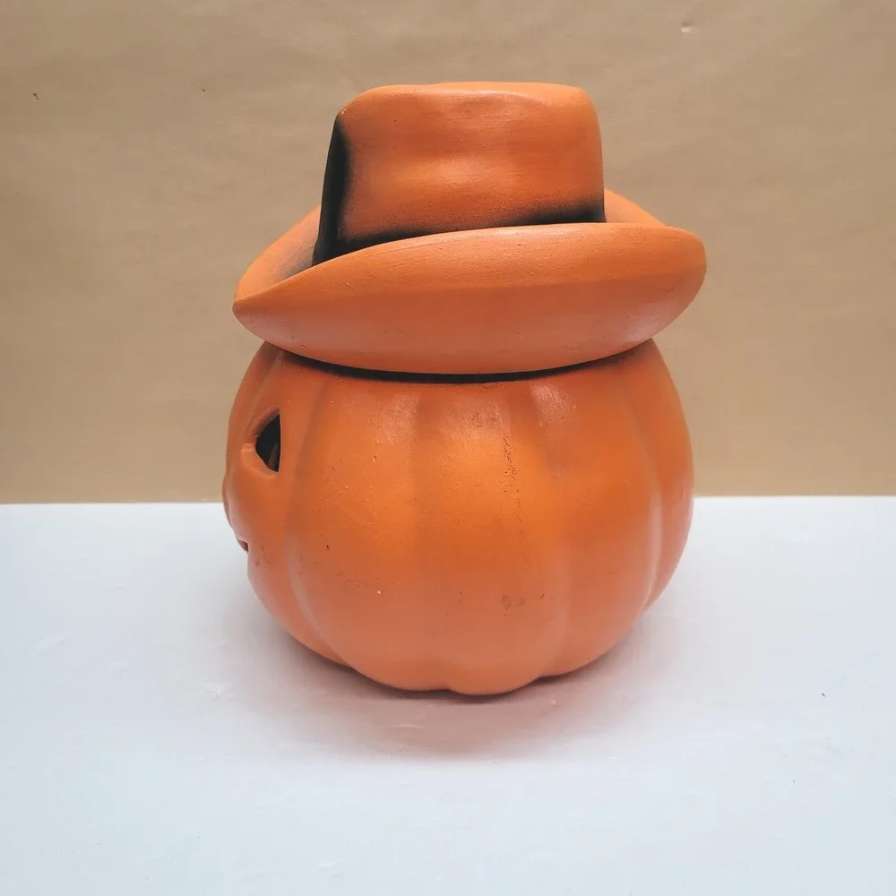 Vintage Halloween Ceramic Jack-O-Lantern Cowboy Hat Pumpkin Decor 10in Orange